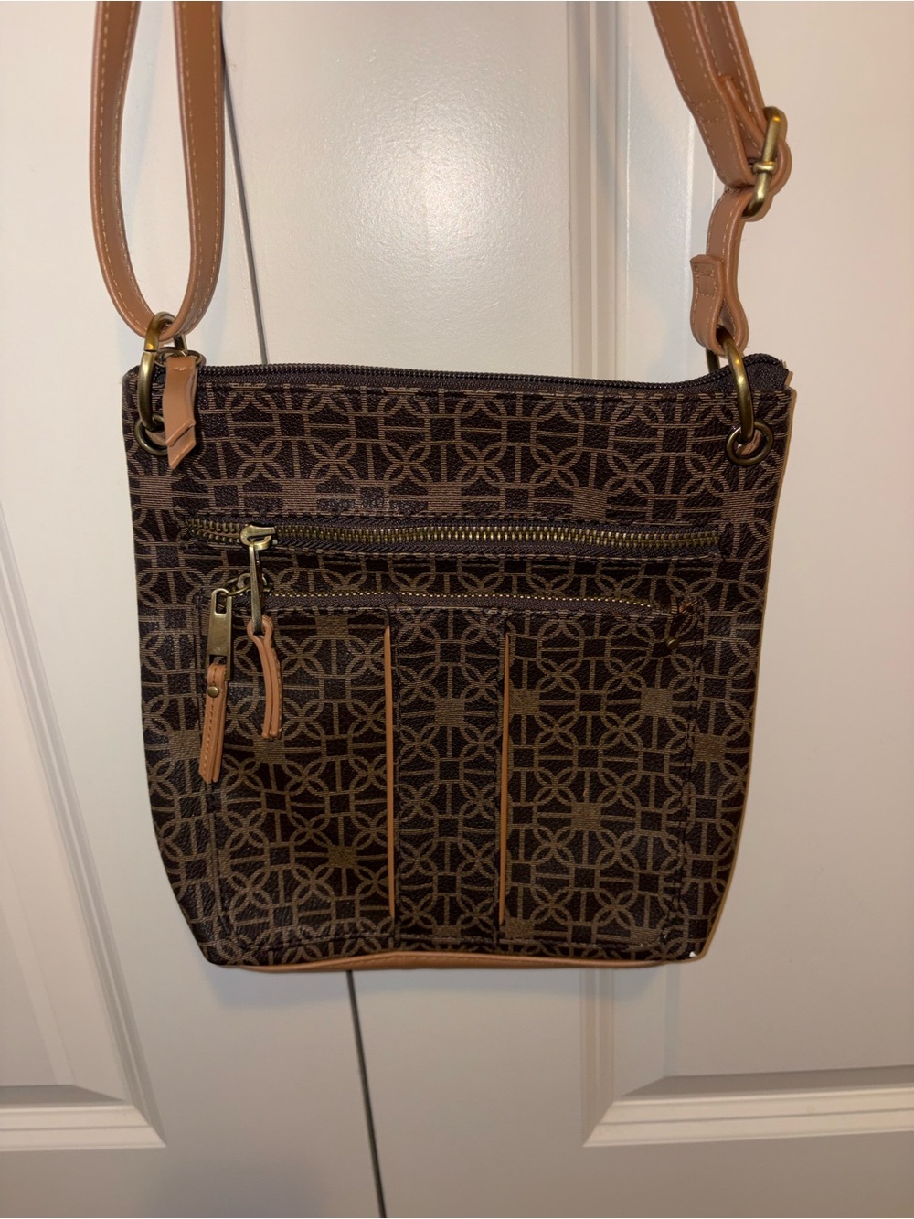 Time and Tru Brown Monogram Crossbody with Tan Trim